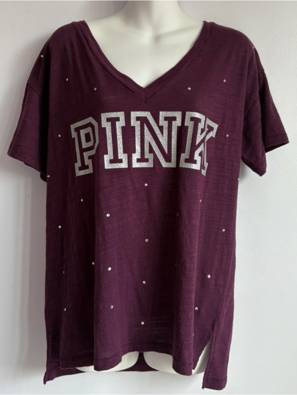 PINK Victoria's Secret Plum V-Neck Tee with Silver Glitter Logo